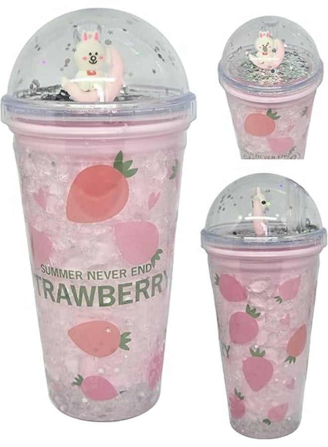 MINIIMODZ Kids Transparent Glitter Sipper 700ml Mason Jar Style Bottle with Straw & Toy | BPA-Free School Bottle | Picnic Tumbler for Toddlers (Pack Of 1) (PINK STRAWBERRY) - Image 2